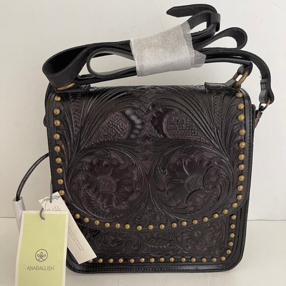 SUNDANCE Anabaglish "Baroque" Tooled Black Leather Handbag: New with Tags!! - Picture 5 of 13